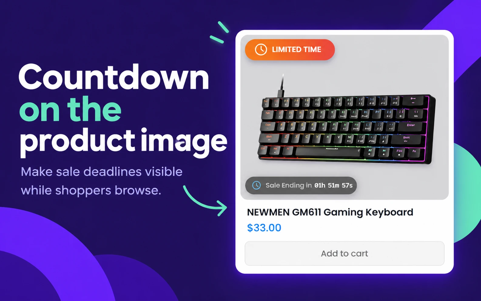 WooCommerce countdown timer badge on a NEWMEN GM611 keyboard product image