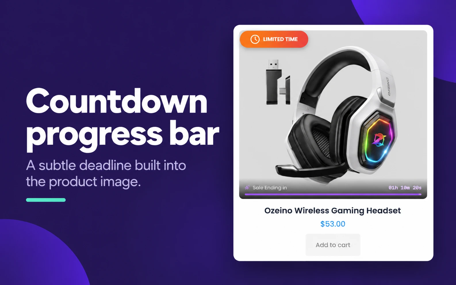 Purple WooCommerce countdown progress bar on an Ozeino gaming headset product card