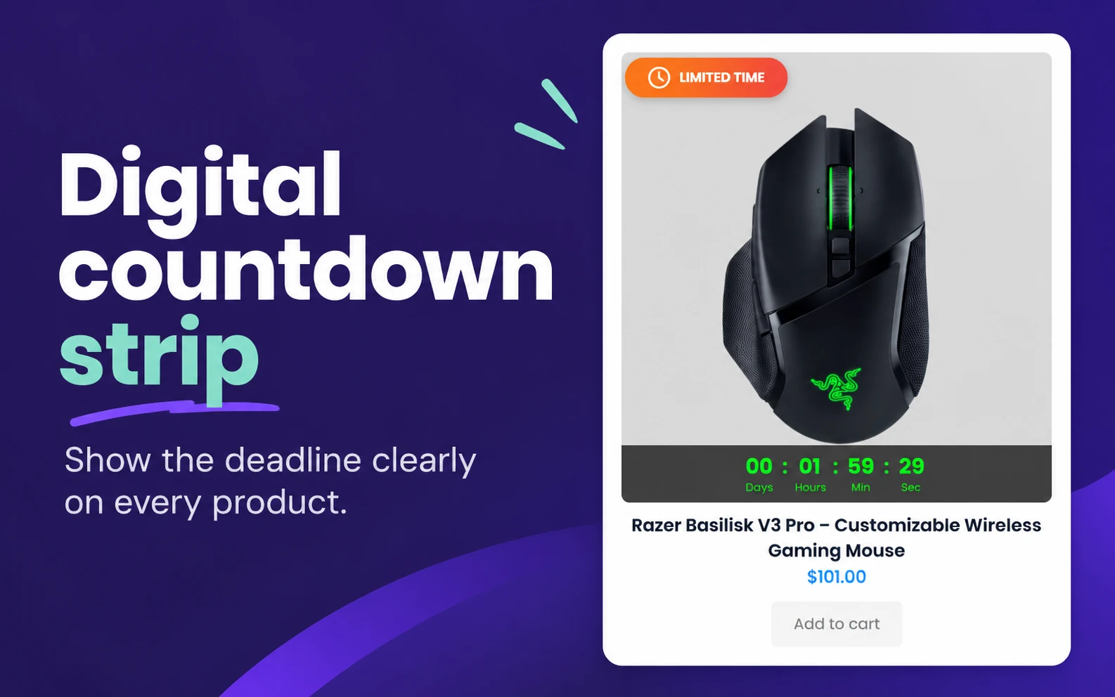 Green digital sale countdown strip on a Razer Basilisk V3 Pro mouse product image