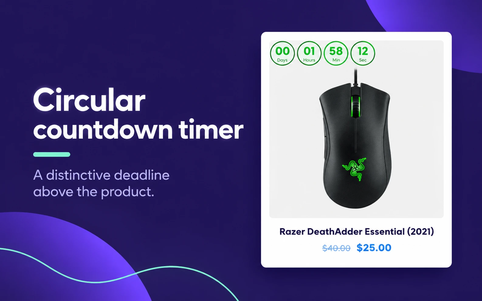 Four circular countdown units above a Razer DeathAdder Essential mouse product image
