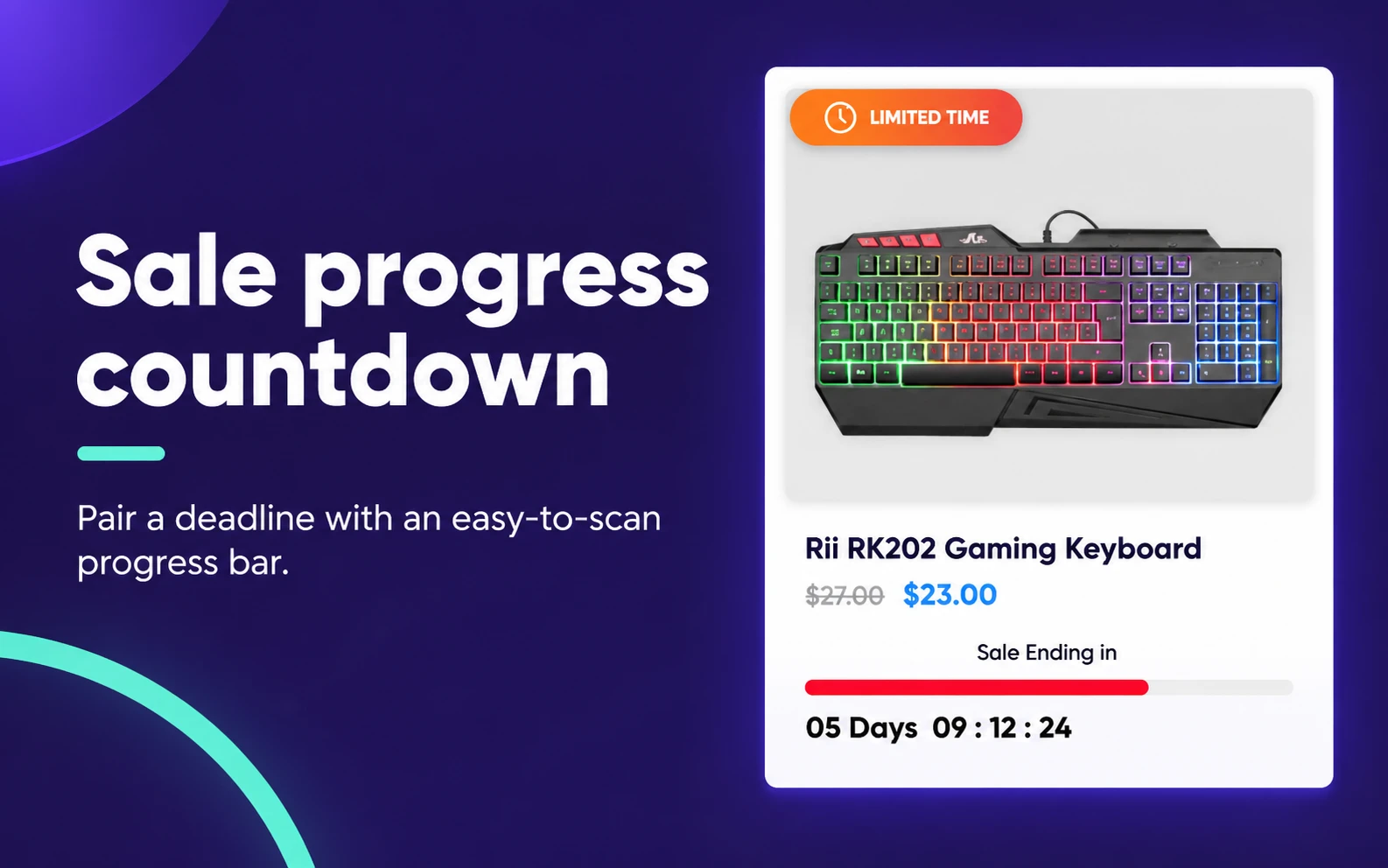 Red sale progress bar and countdown below a Rii RK202 keyboard product image