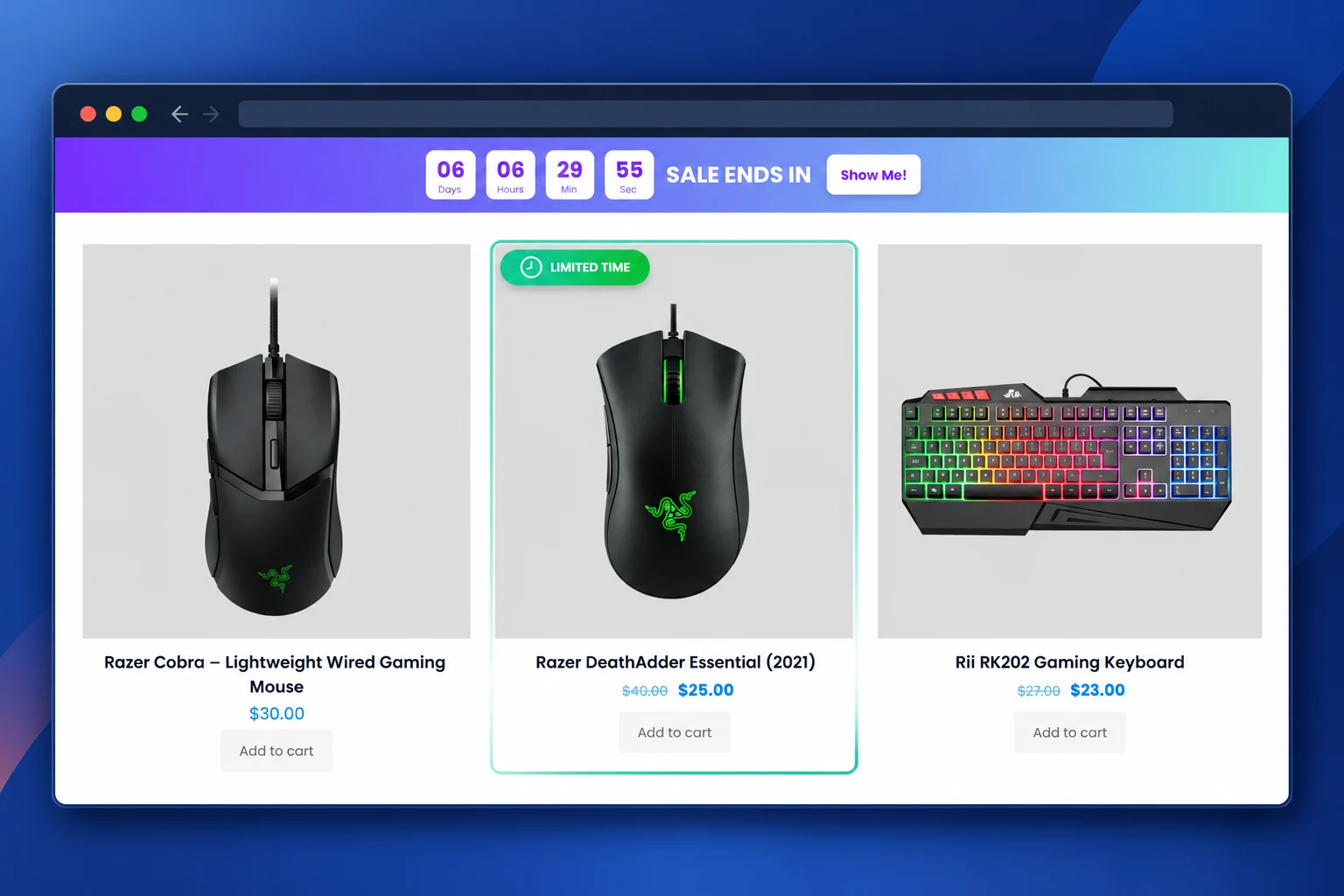 Storewide WooCommerce countdown notification bar above gaming product cards