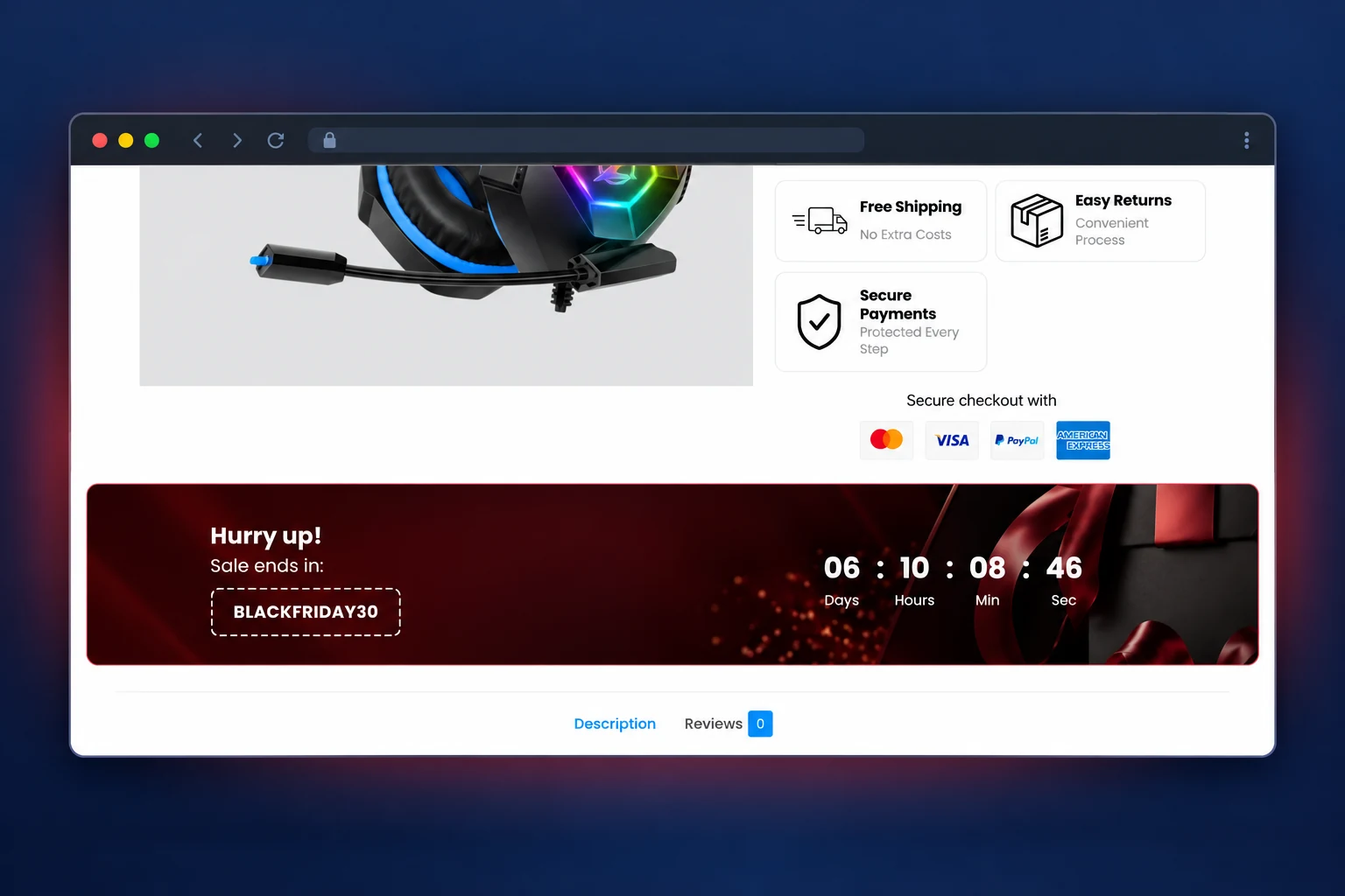 WooCommerce product page countdown banner with a sale deadline and coupon