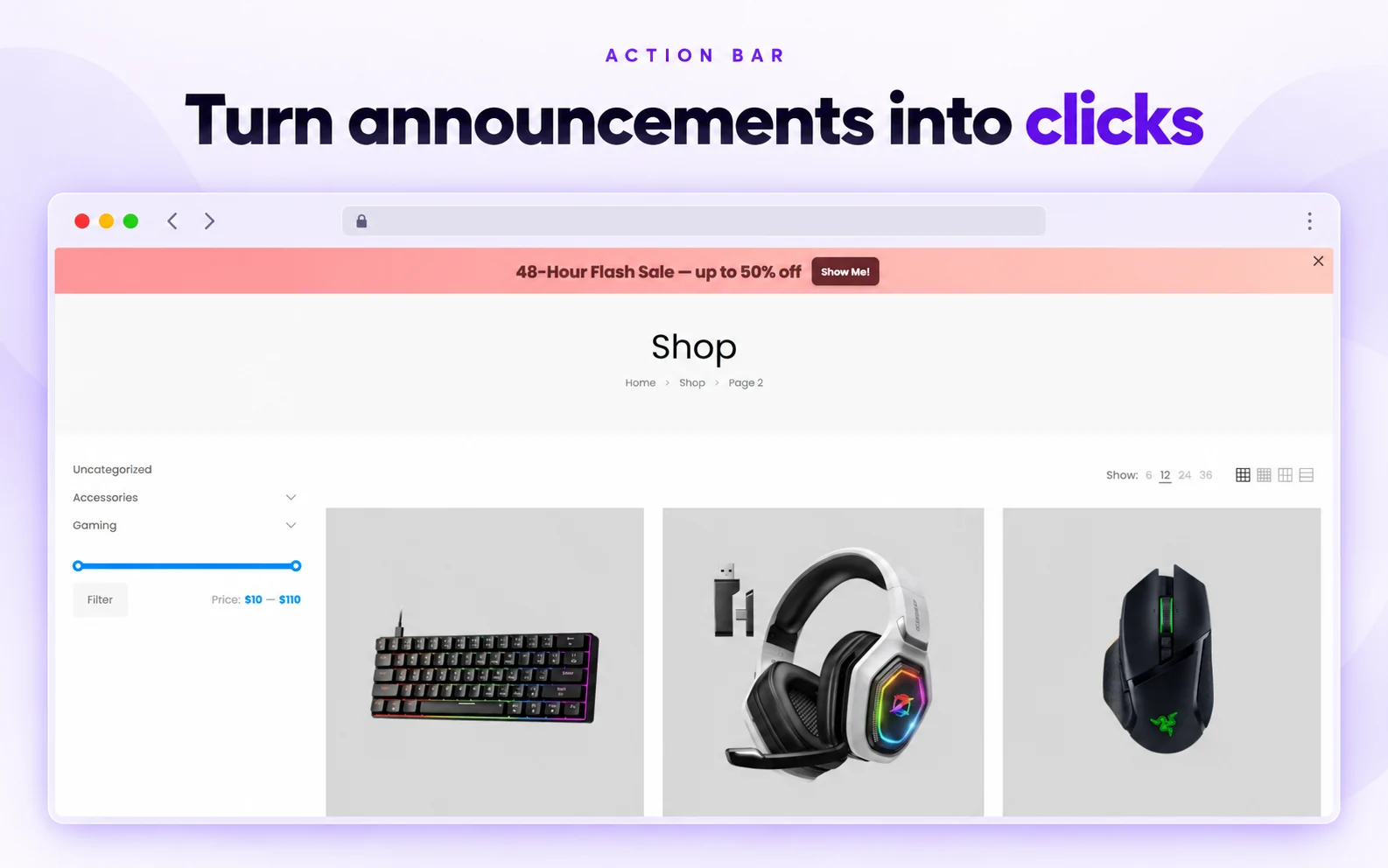 WooCommerce action bar demo showing a peach flash sale message and action button
