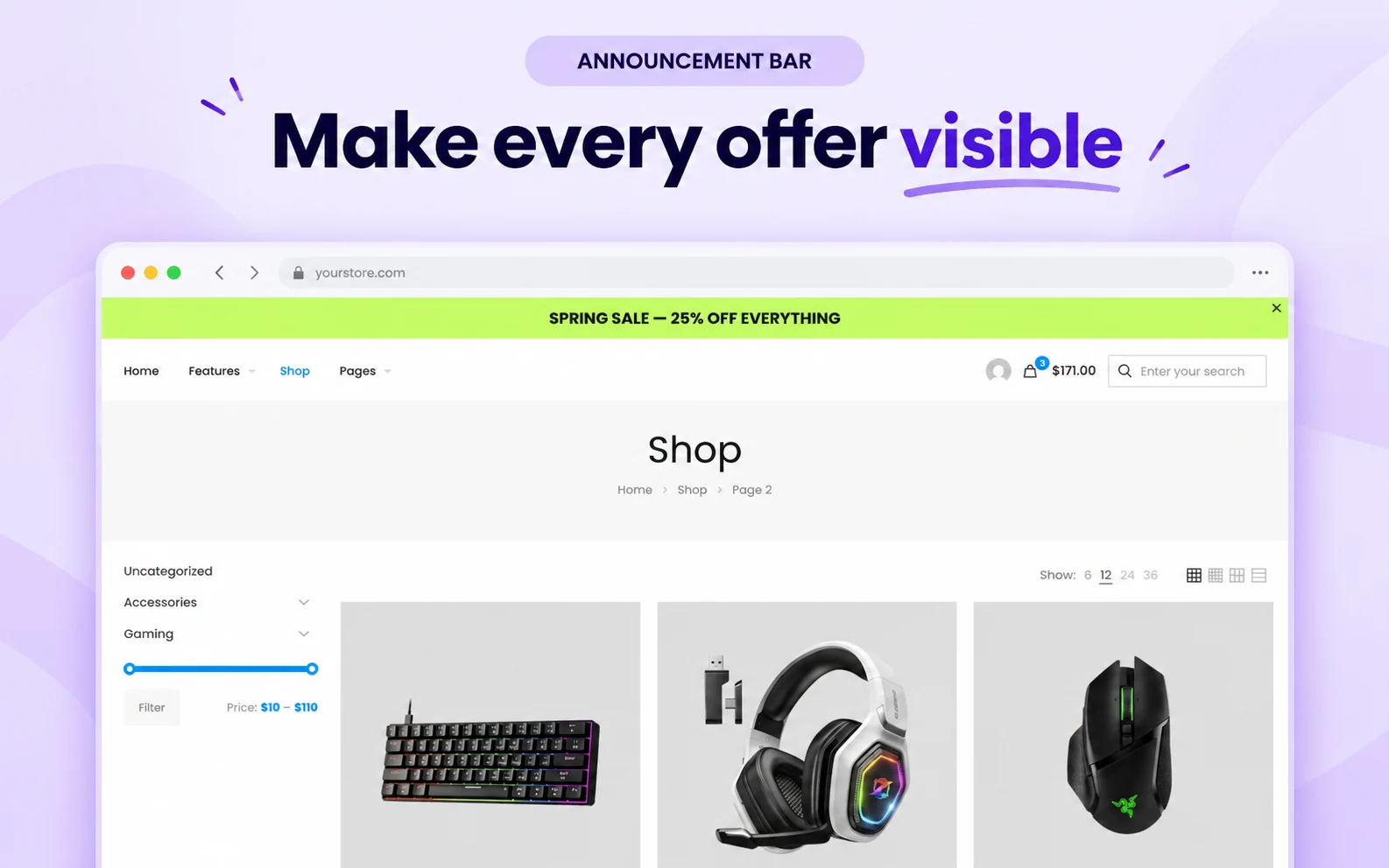 WooCommerce announcement bar plugin demo showing a lime spring sale bar on a shop page