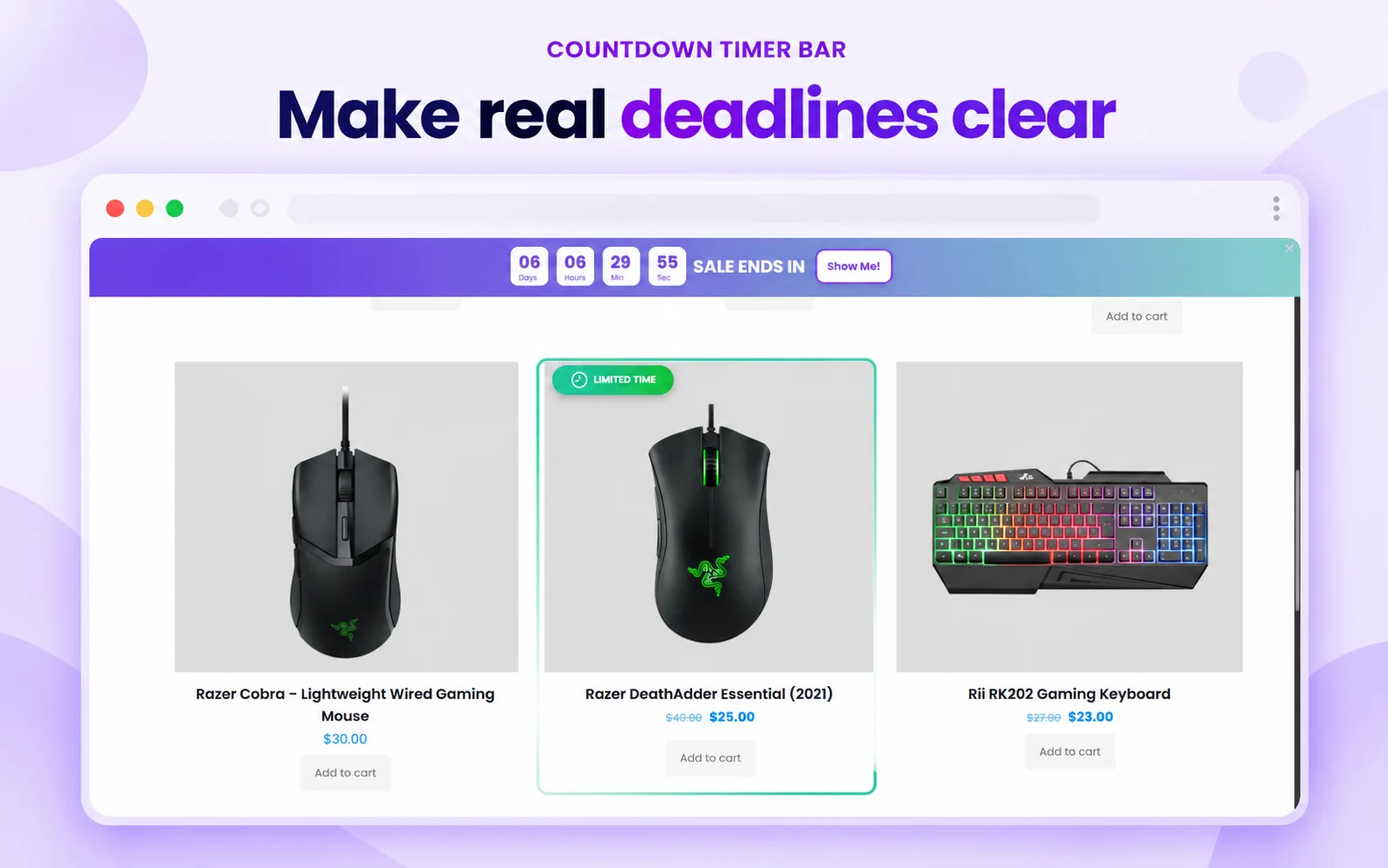 Purple and teal sale countdown above a gaming store product grid