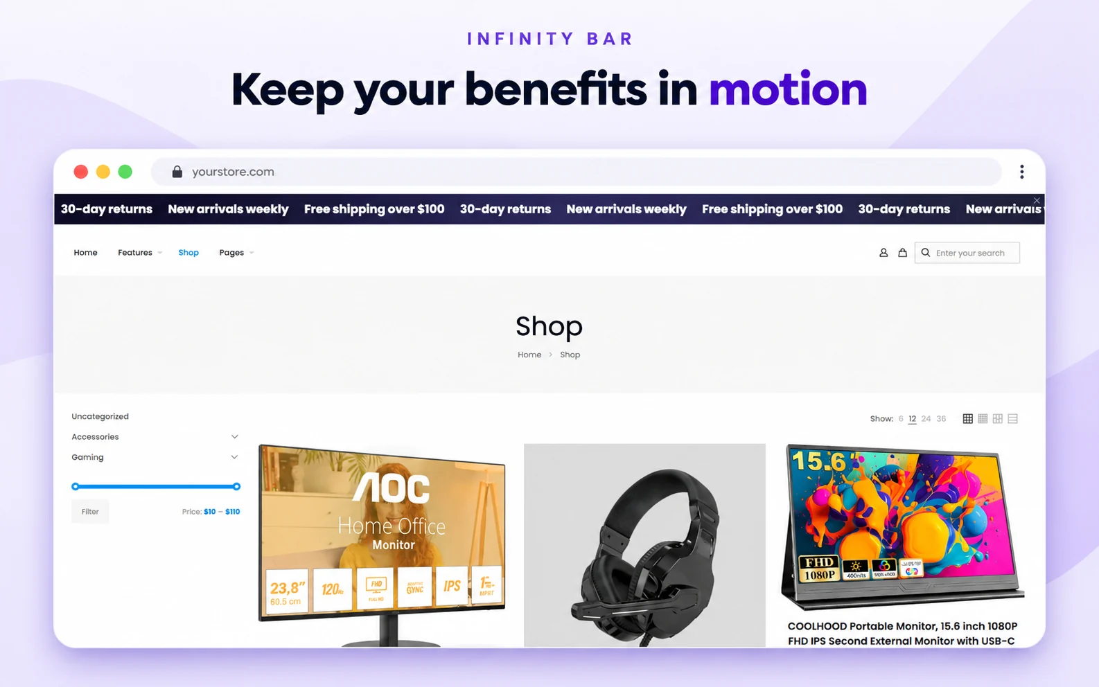Scrolling strip with shipping, returns, and new arrivals messages