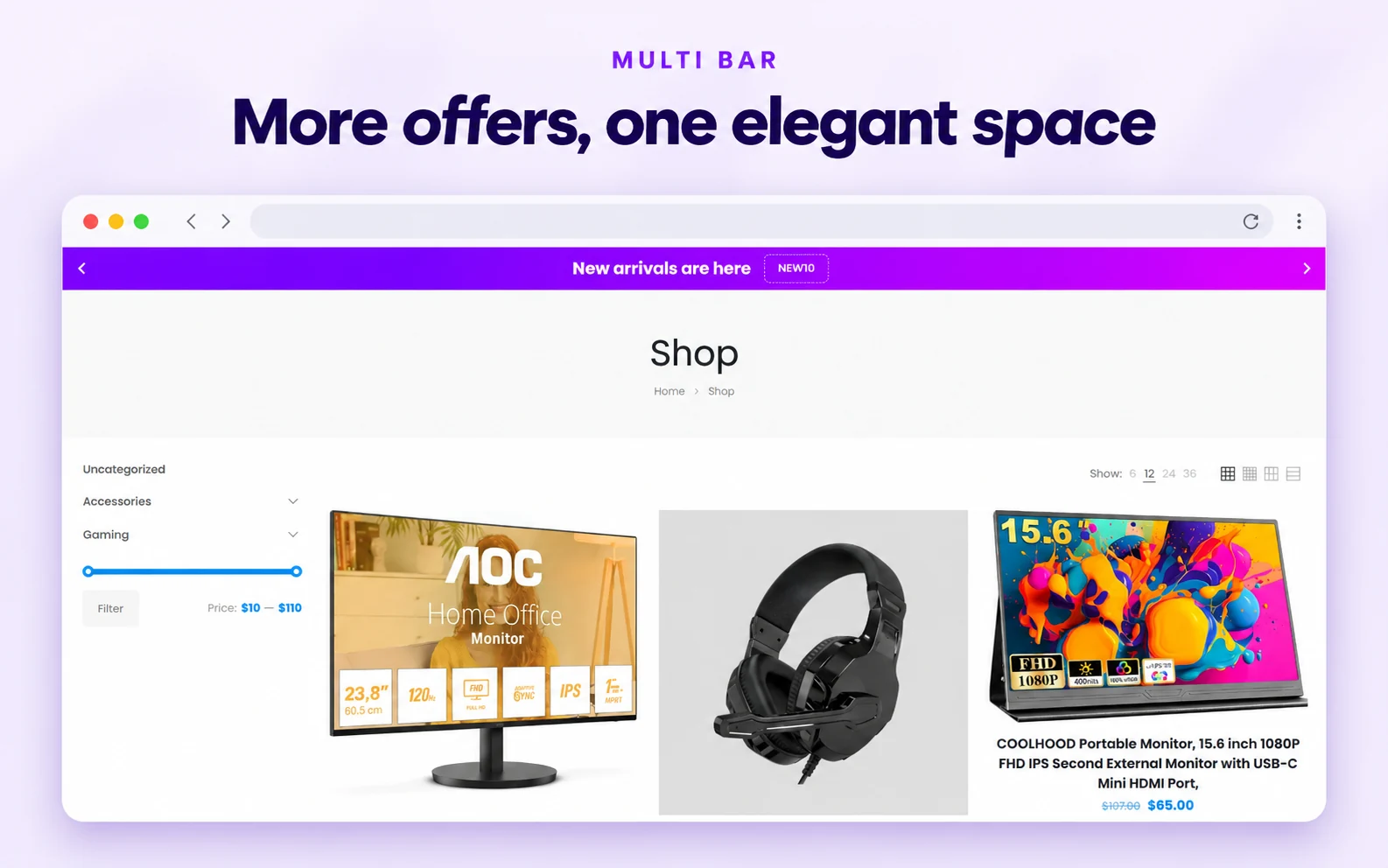Purple rotating new arrivals message with navigation arrows above products