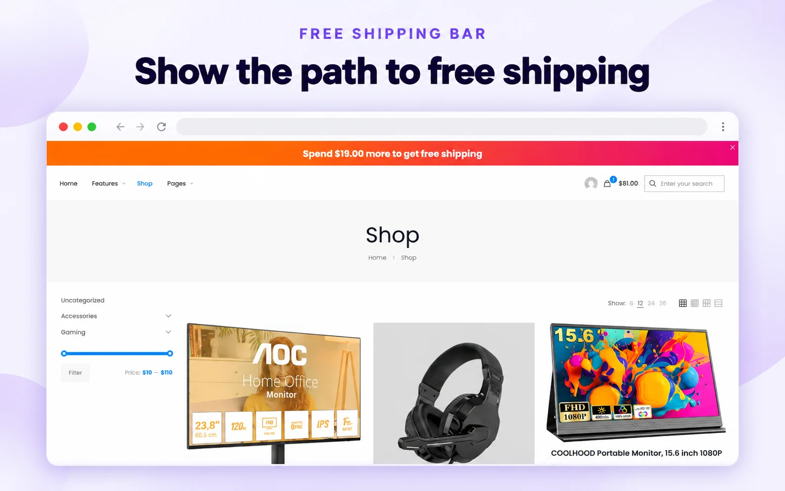 Orange shipping progress message showing the amount left to qualify