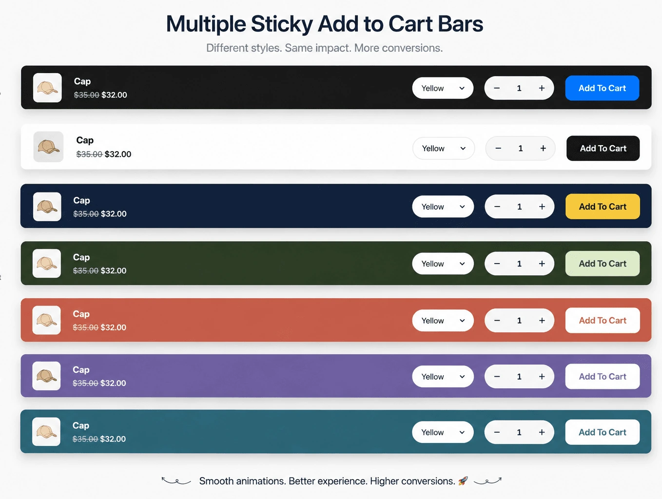 Sticky add to cart WooCommerce cap bar in seven color palettes with variation and quantity