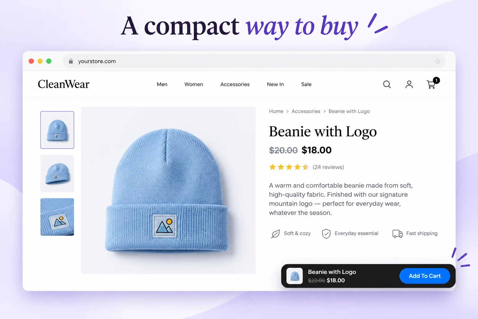 Compact floating purchase bar on a blue beanie product page