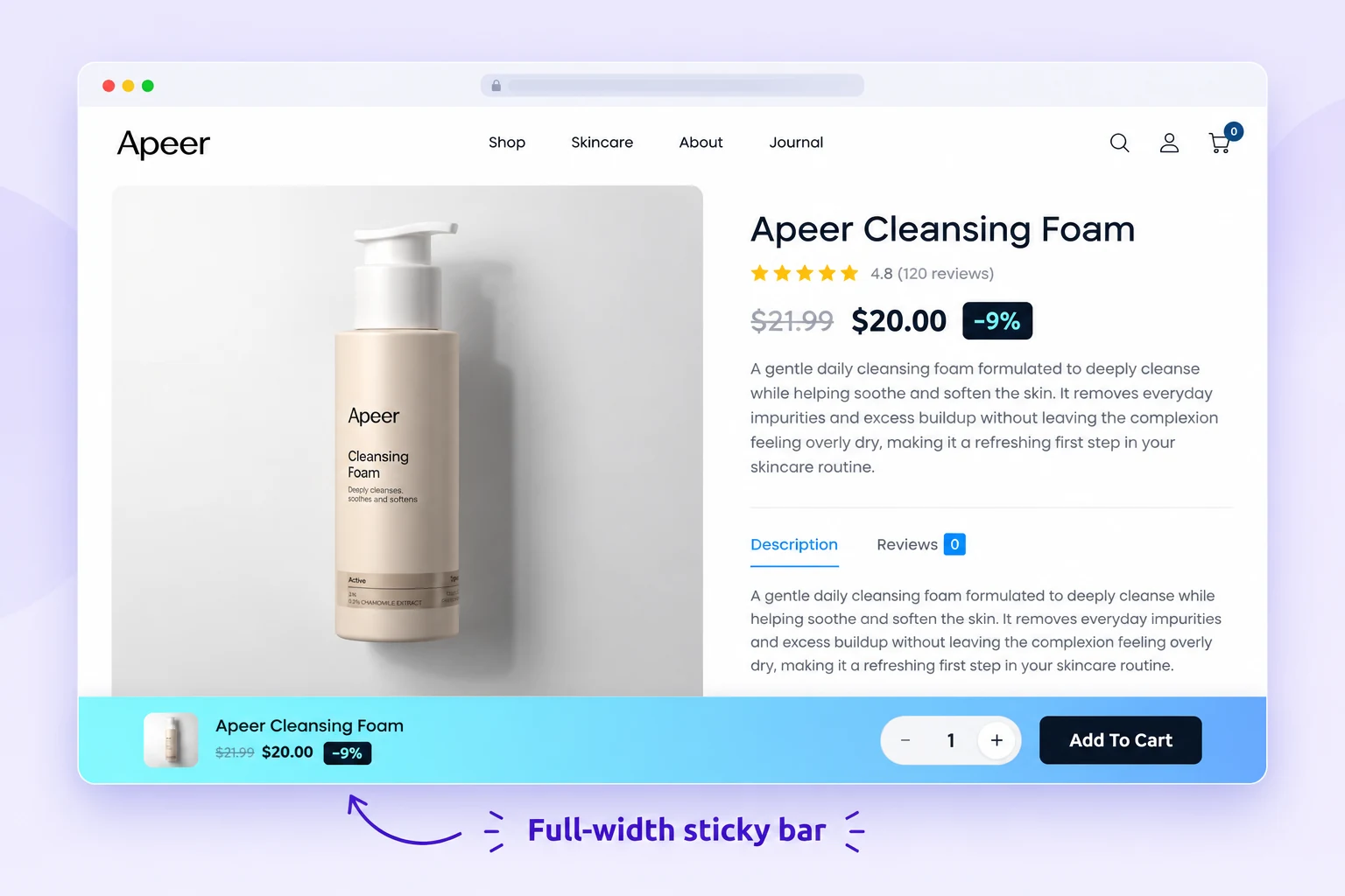 Sticky add to cart WooCommerce full-width bar on a skincare product page with price, quantity and Add to Cart