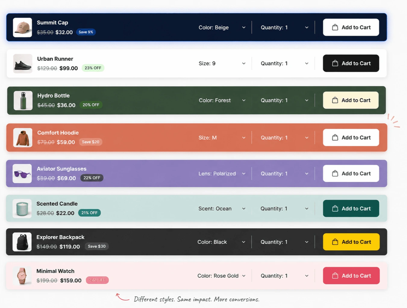 Sticky add to cart WooCommerce bars for eight products in distinct colors