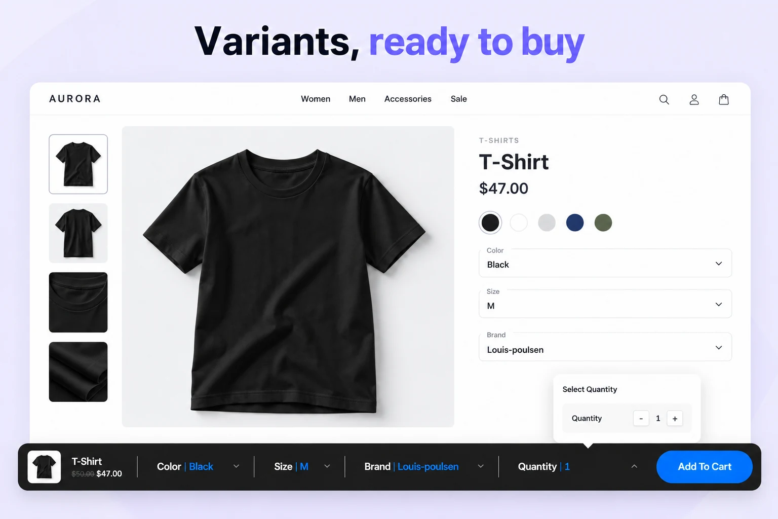 Purchase bar showing T-shirt color, size, brand, and quantity selectors