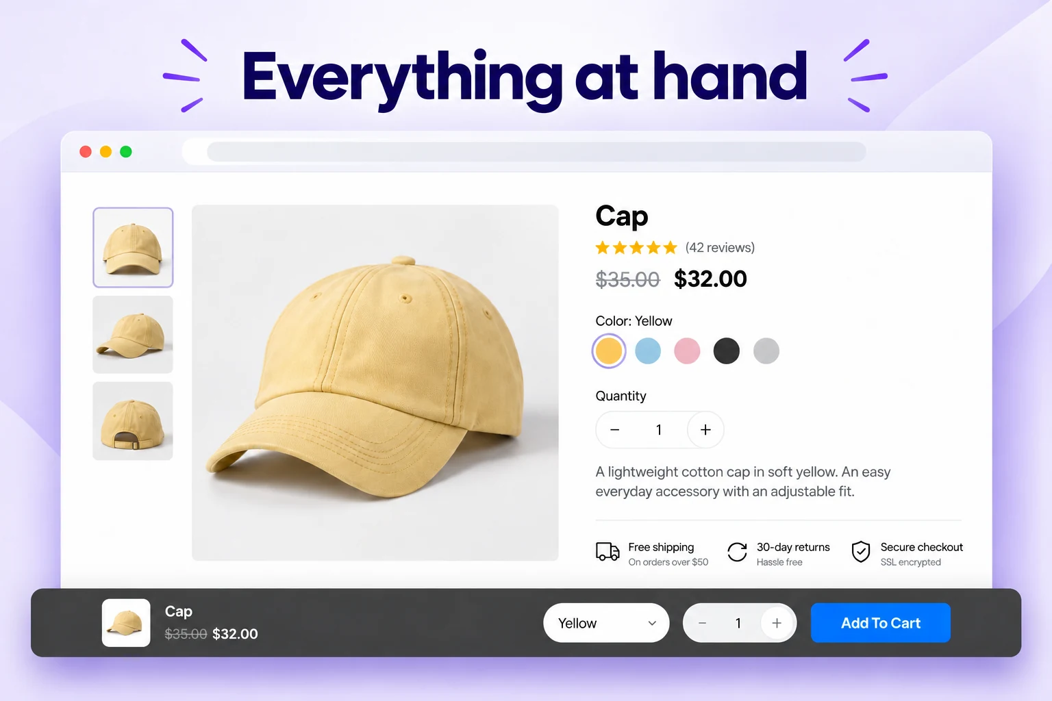 Full-width purchase bar with cap variation, quantity, and blue buy button