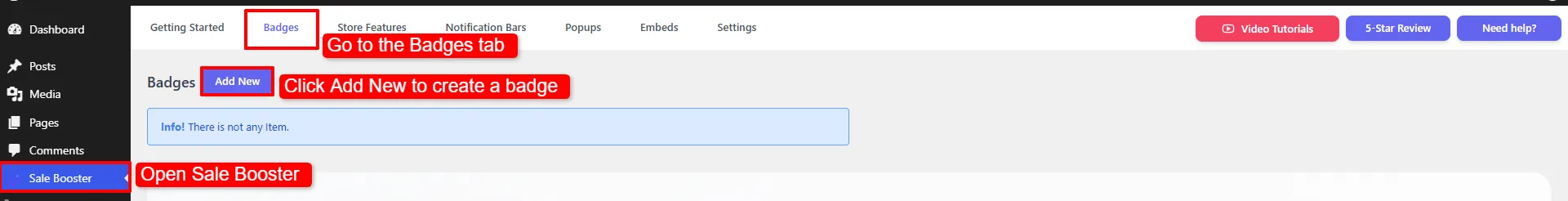 Add product badges in WooCommerce using the Sale Booster Badges tab and Add New button
