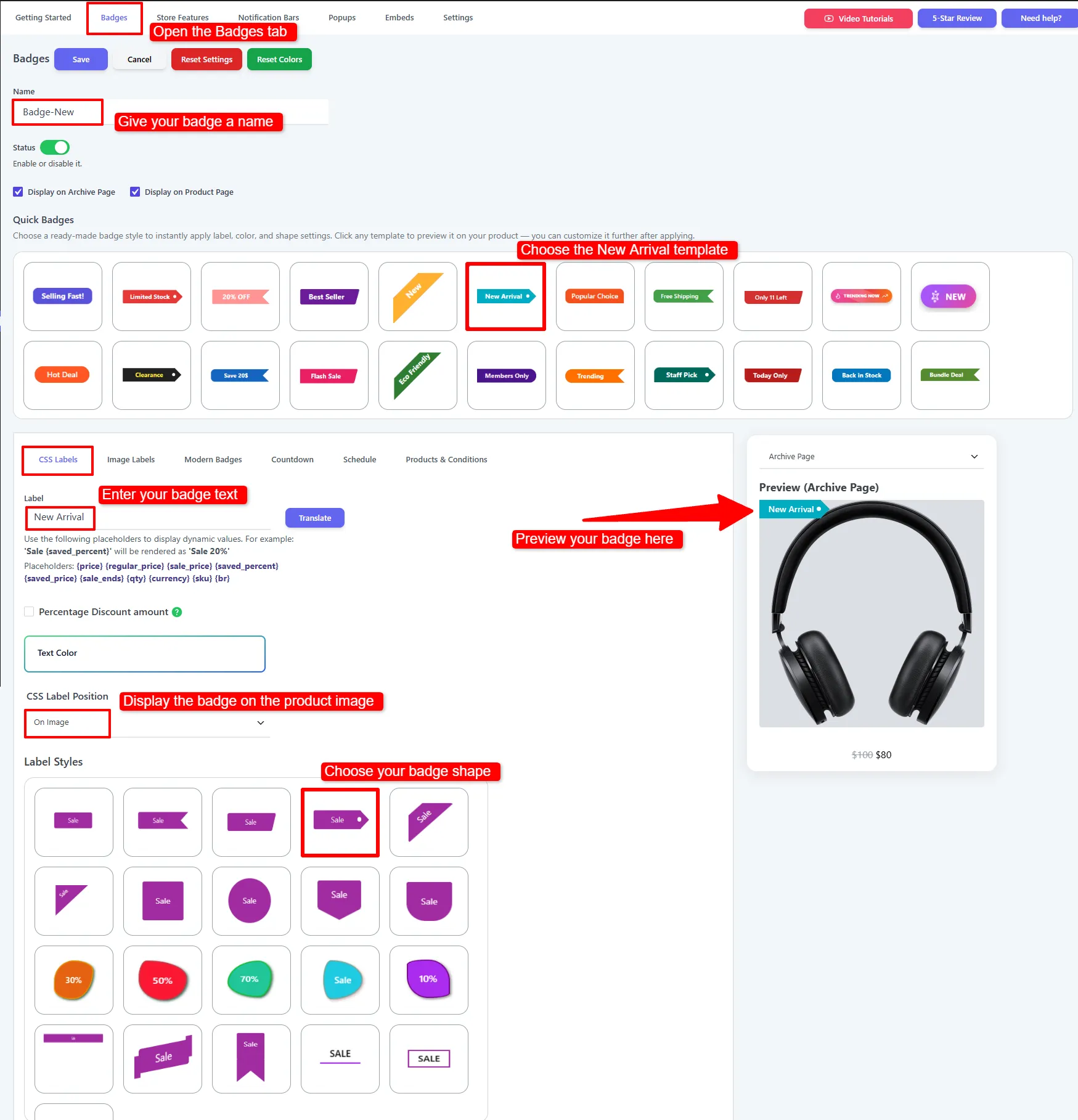 Design New Arrival product badges in WooCommerce with a CSS label and tag shape