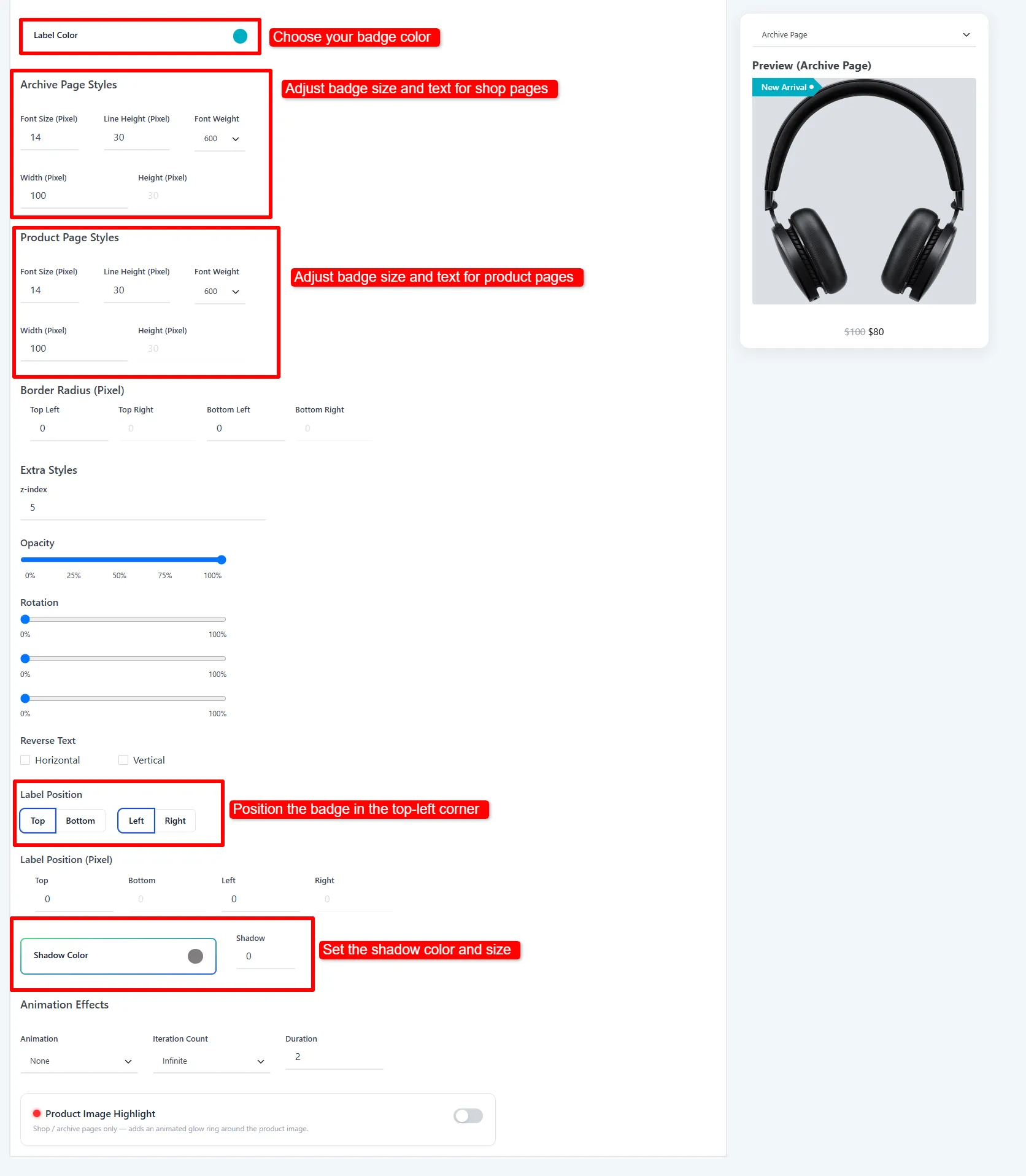 Style controls for product badges in WooCommerce, including color, size, and top-left placement