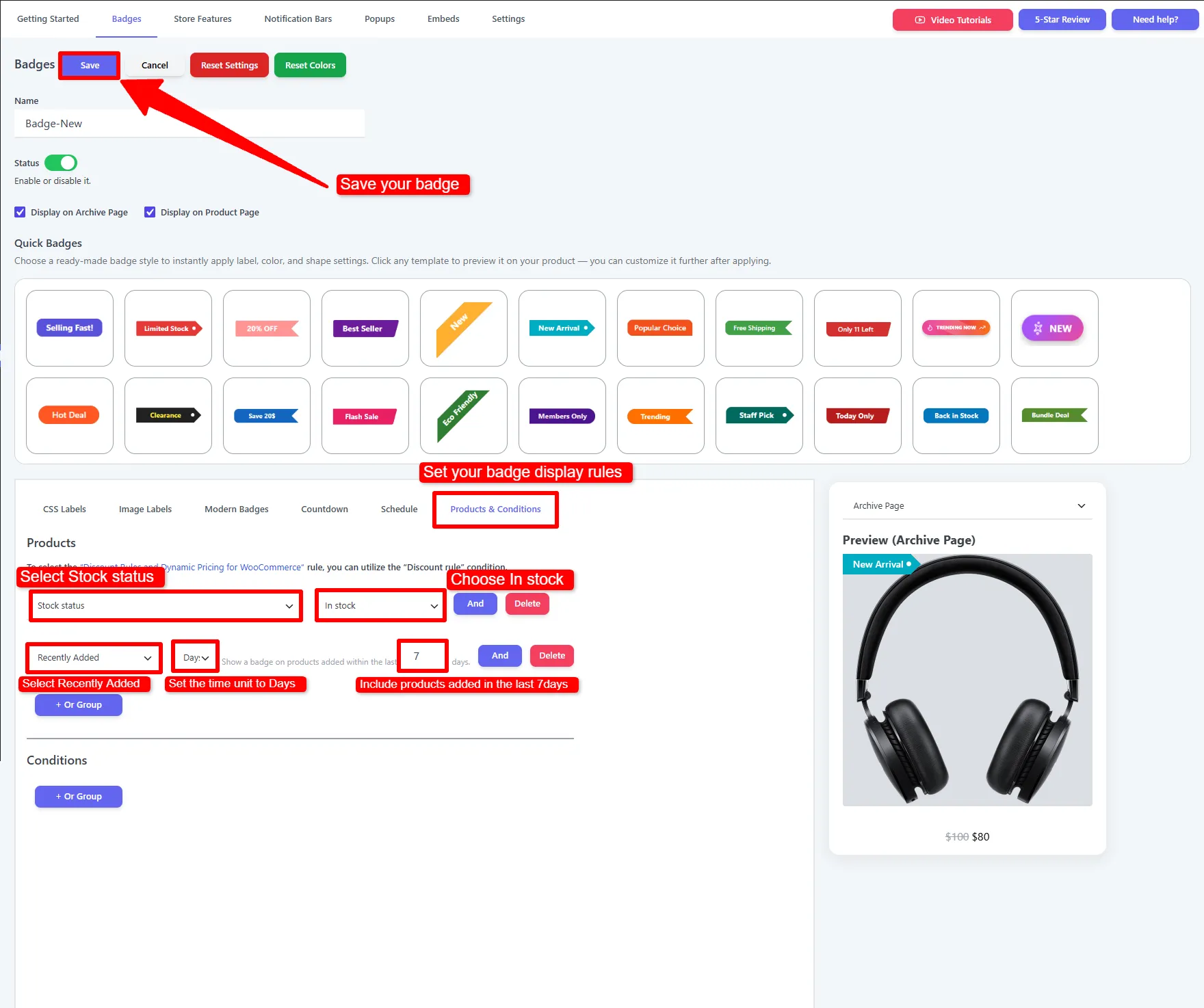 Rules for product badges in WooCommerce combining In stock AND Recently Added within 7 days