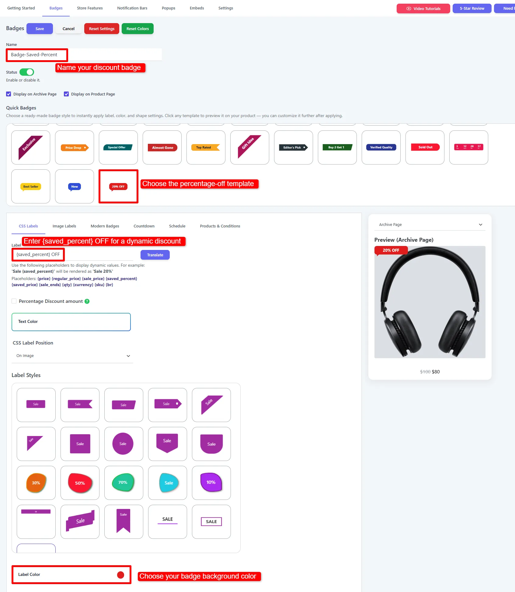 Add percentage-off product badges in WooCommerce using the saved_percent label placeholder