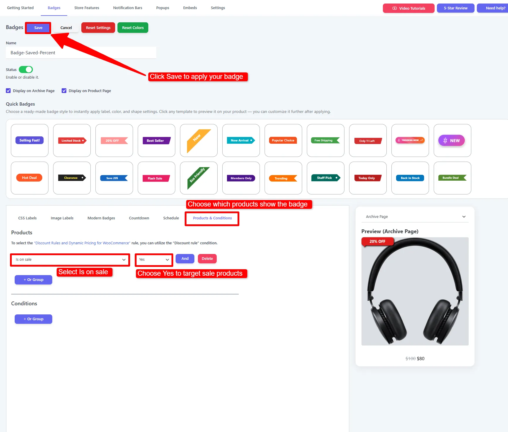 Apply product badges in WooCommerce to sale products with Is on sale set to Yes