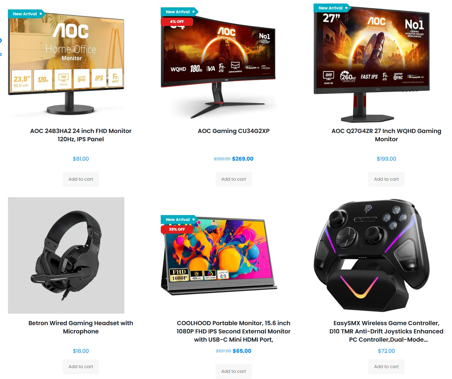 How to add product badges in WooCommerce: storefront showing New Arrival and percentage-off labels